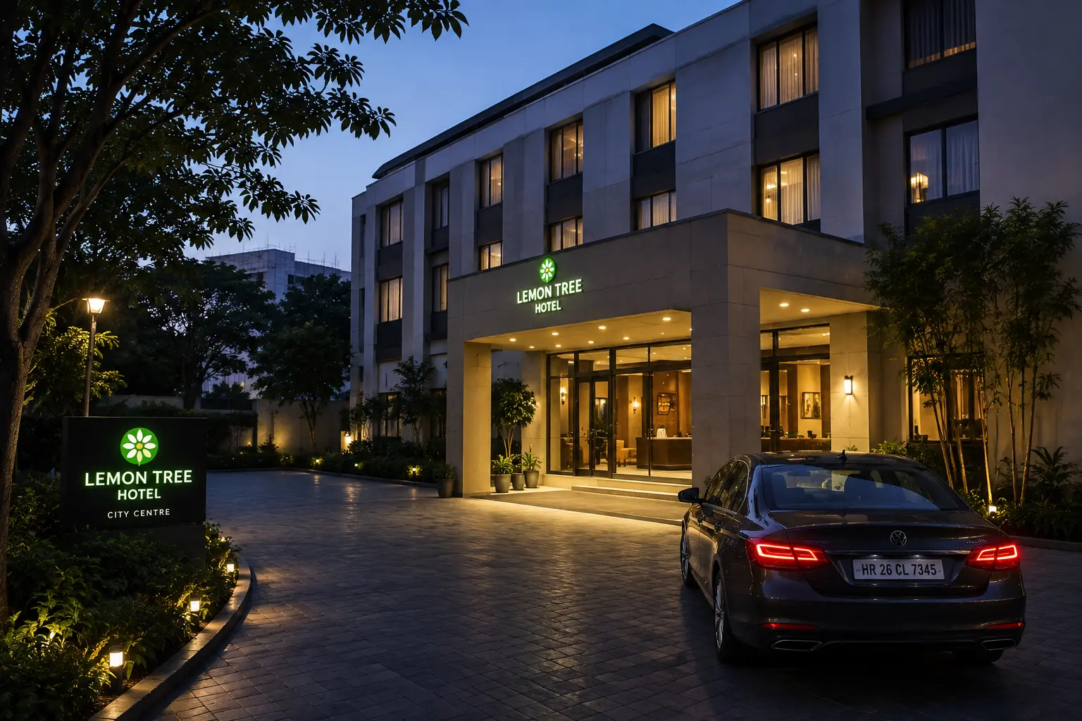 Hotel driveway lined with lemon trees at golden hour