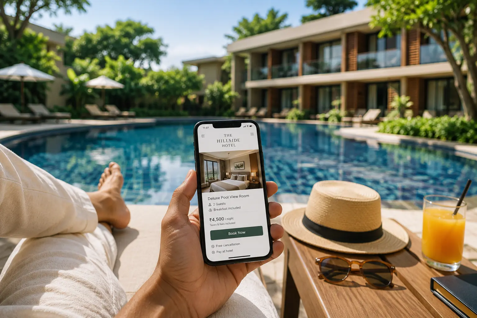 Guest booking on a phone by the hotel pool