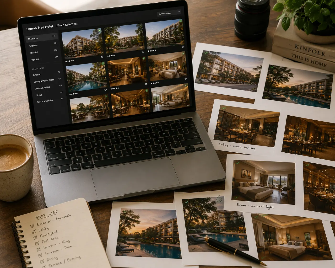Selecting hotel photographs on a laptop beside coffee