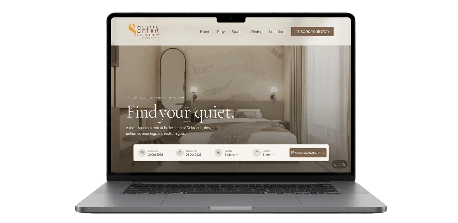 Hotel Shiva Residency website homepage hero in a laptop
