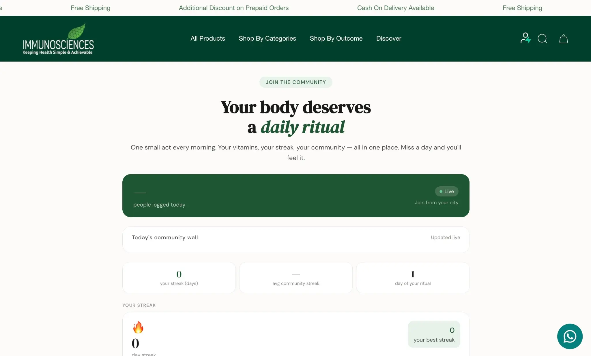 Immunosciences Daily Ritual community dashboard with streak tracking